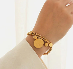 Golden Echo β 18K Gold Beaded Bracelet with Retro Coin Charm