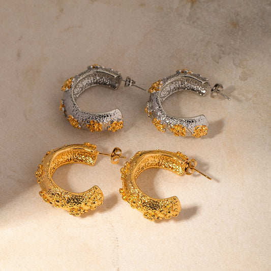 C-Shaped Hammered Flower Earrings for Women - Argesteel