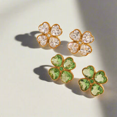 Lucky Bloom – 18K Gold Four-Leaf Clover Earrings with Gemstone Inlay