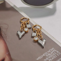 18K gold chain earrings with heart and lock charms
