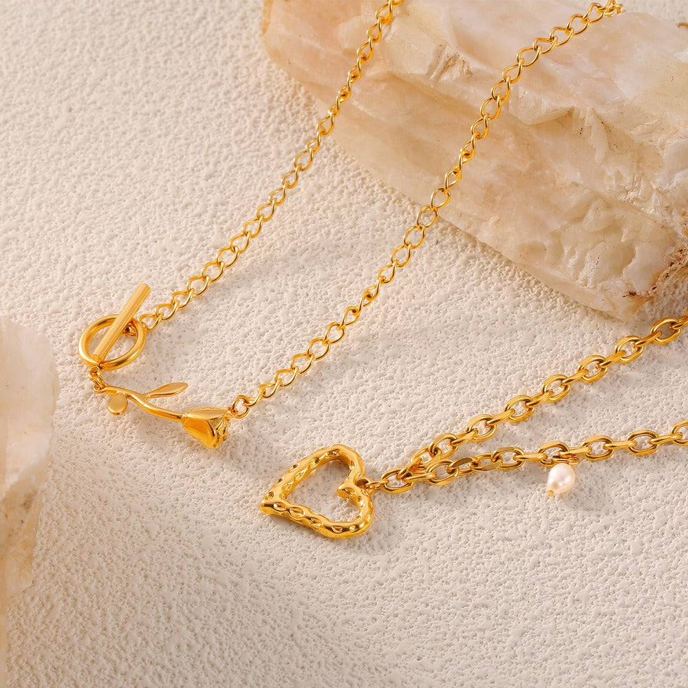 18K Gold Hollow Heart & Rose Pendant Necklace for Women - Argesteel