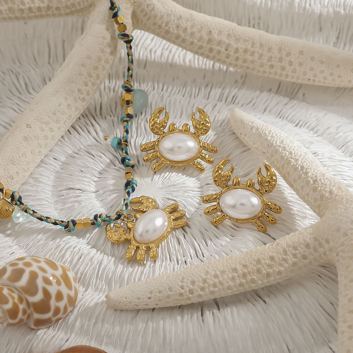 Crab Pearl Set Earrings Necklace Bracelet – 18K Gold Plated Marine | Argesteel
