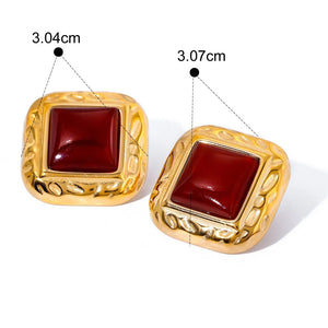 Regal Form β 18K Gold Hammered Square Earrings with Gemstone Inlay
