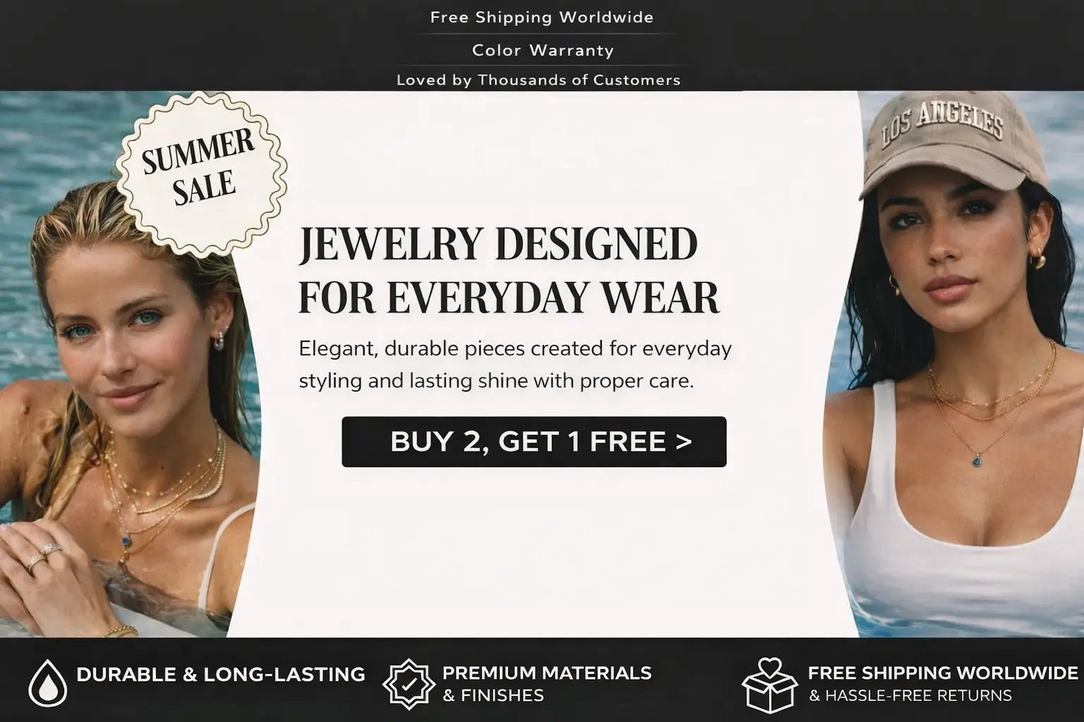 Advertisement for jewelry designed for everyday wear with two women wearing necklaces.