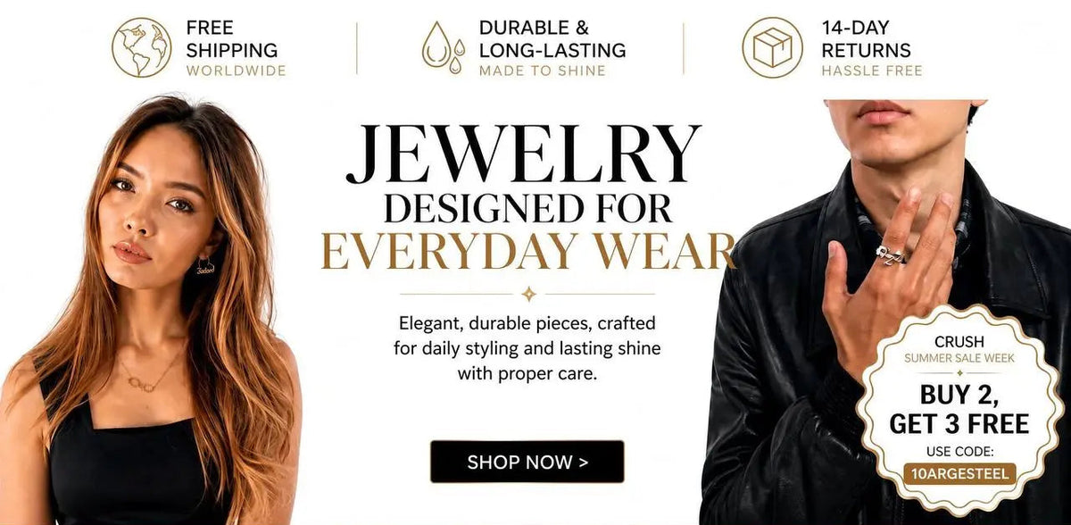 Argesteel promotional banner showing two models wearing gold-plated jewellery.