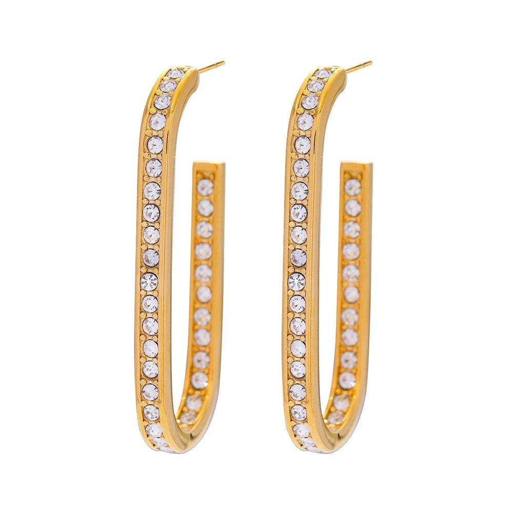 Radiant Curve – 18K Gold U-Shaped Earrings with Diamond Inlay