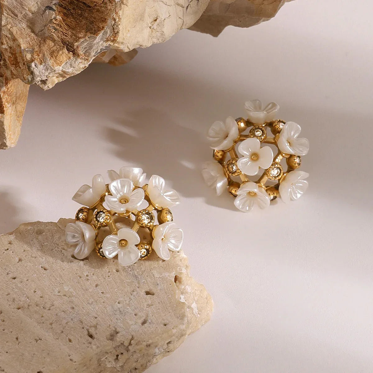 Floral Luminance – 18K Gold Earrings with Gemstone & Bloom Design