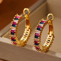 Oriana Luxe Earrings – 18K Gold O-Shaped with Gemstone Inlay