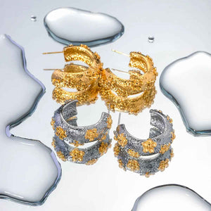 Lunaria Hammered C-Hoop Earrings – Exquisite 18K Gold Floral Texture Design