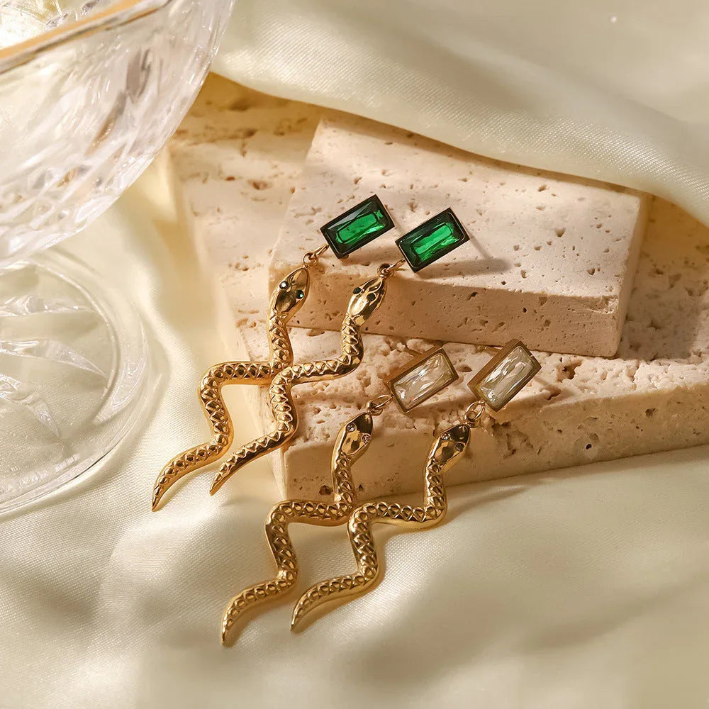 Delicate Edge – 18K Plated Cubic Zirconia Snake Rectangle Drop Earrings