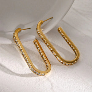 Radiant Curve – 18K Gold U-Shaped Earrings with Diamond Inlay