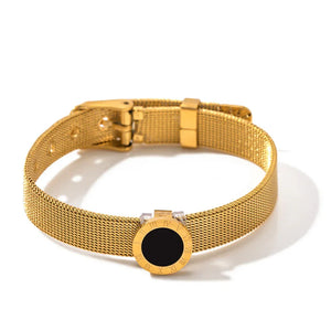 Timeless Noir – 18K Gold Roman Watch Band Bracelet with Black Gemstone
