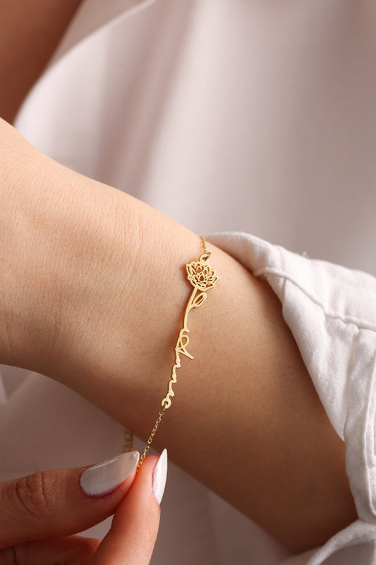 Customized Birth Flower Name Bracelet for Women - Argesteel