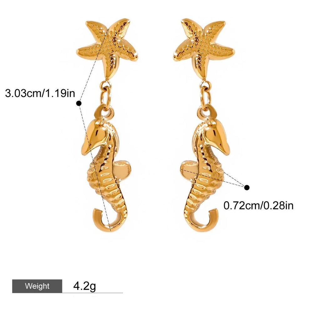Marine style seahorse and starfish earrings in 18K gold