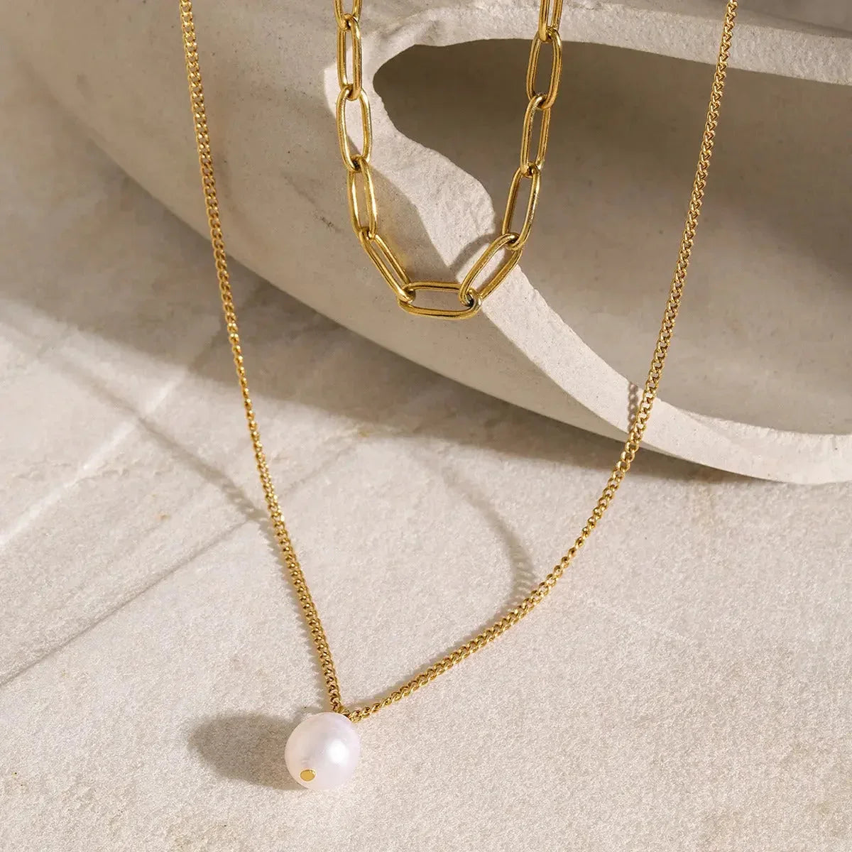 Grace Layers – 18K Gold Double Chain Pearl Necklace