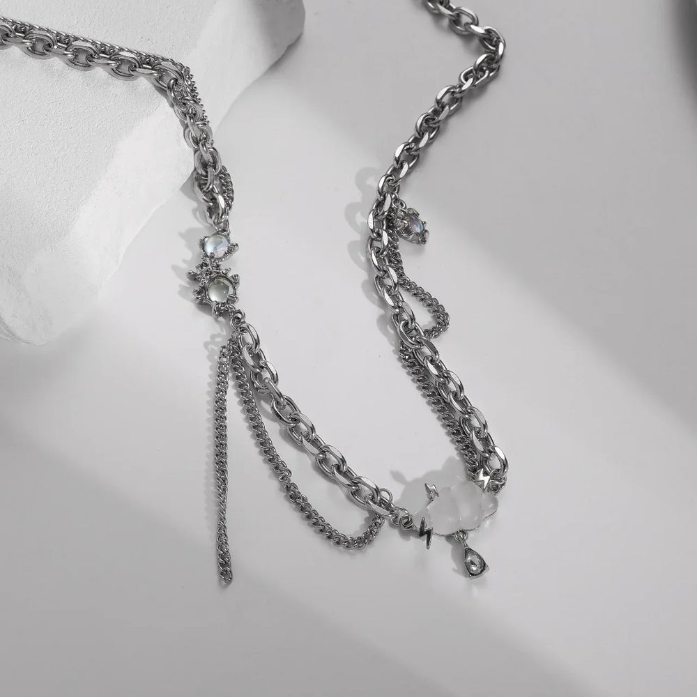 Celestia Cloud Pendant Necklace – Titanium Steel with Moonstone Tassel - Argesteel