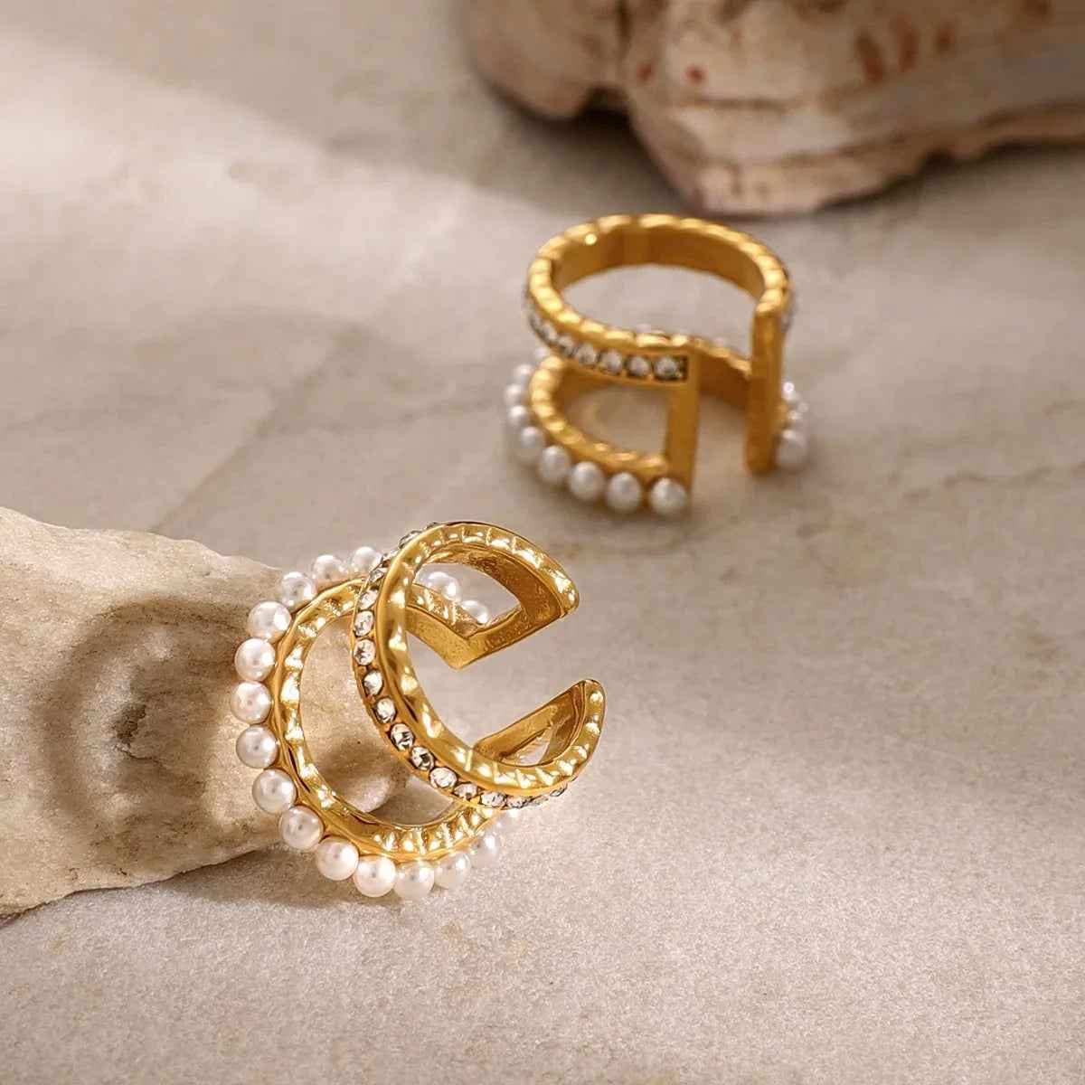Éclat Double-Layer 18K Gold Pearl Diamond Earrings for Elegant Style
