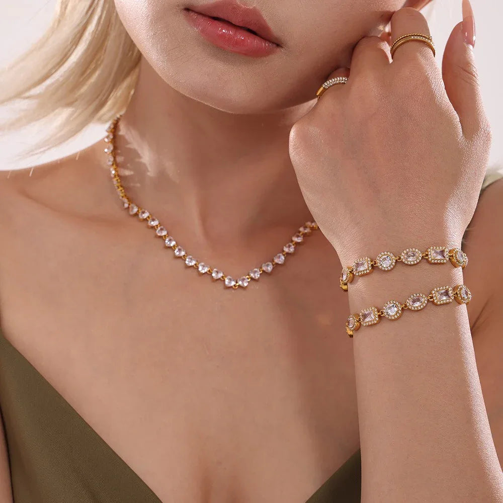 18K gold geometric bracelet with zircon and diamond inlays