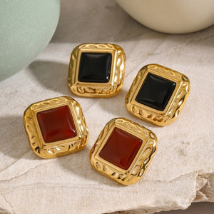 Regal Form – 18K Gold Hammered Square Earrings with Gemstone Inlay