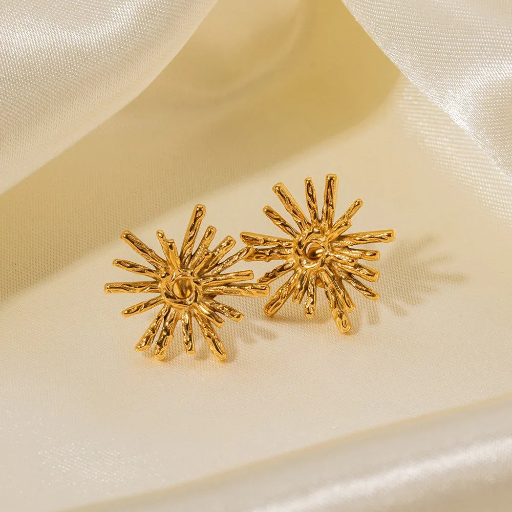 Side view of golden sunflower earrings showing embossed floral texture