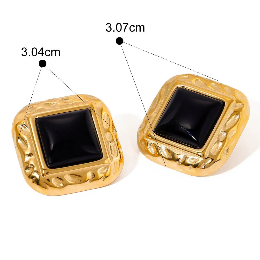 Regal Form – 18K Gold Hammered Square Earrings with Gemstone Inlay