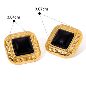 Regal Form – 18K Gold Hammered Square Earrings with Gemstone Inlay