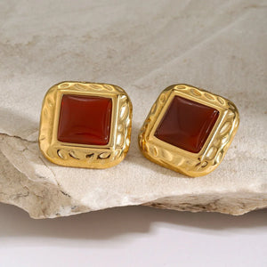 Regal Form – 18K Gold Hammered Square Earrings with Gemstone Inlay