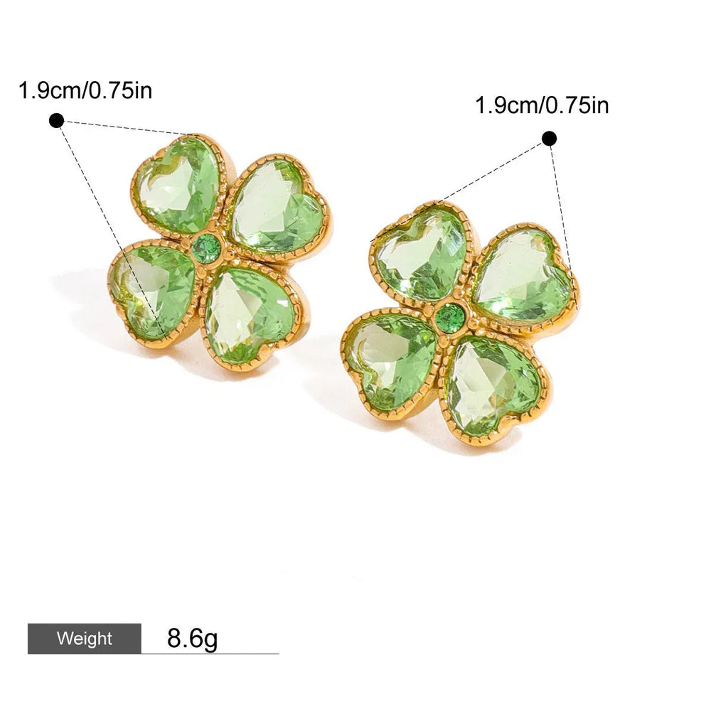 Lucky Bloom – 18K Gold Four-Leaf Clover Earrings with Gemstone Inlay