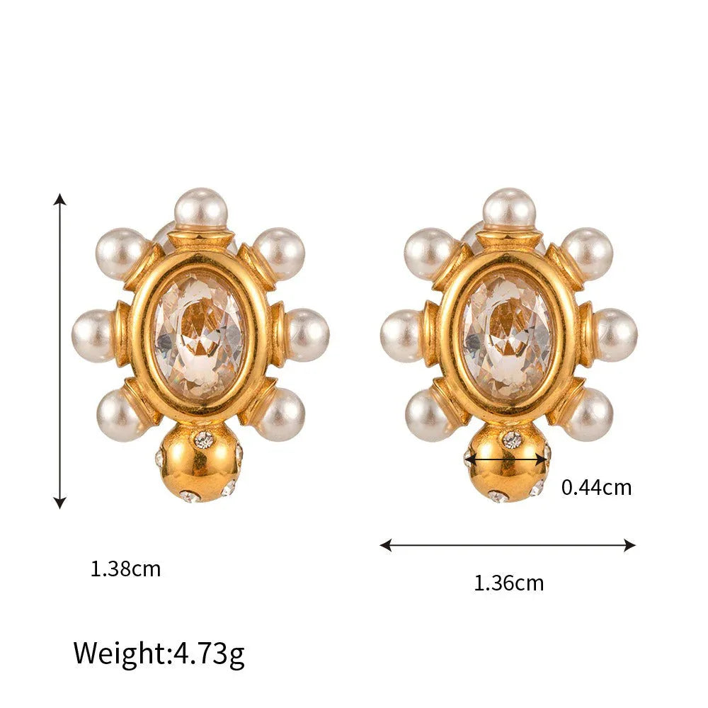 Modern Muse – 18K Gold Geometric Earrings with Inlaid Pearl