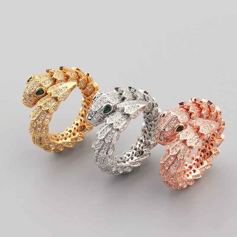 Serpent Luxe 18K Gold Snake Ring - Gemstone Inlaid Open Design