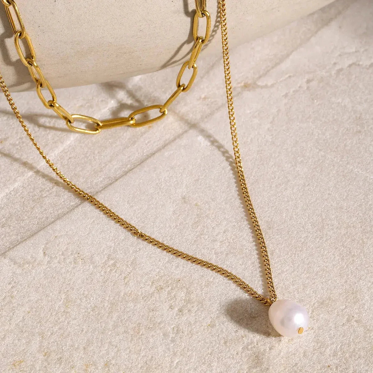 Grace Layers – 18K Gold Double Chain Pearl Necklace