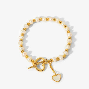 Lustre Link – 18K Gold Pearl Heart Bracelet with OT Clasp