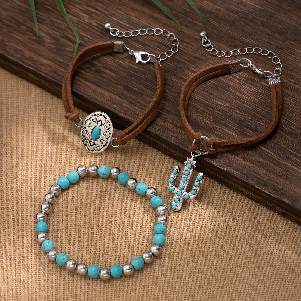 Cactus Tag Bracelet Set – S925 Silver with Imitation Turquoise Design - Argesteel