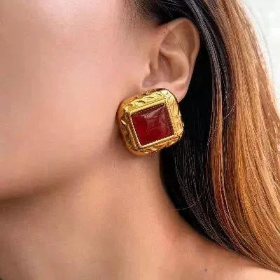 Regal Form – 18K Gold Hammered Square Earrings with Gemstone Inlay