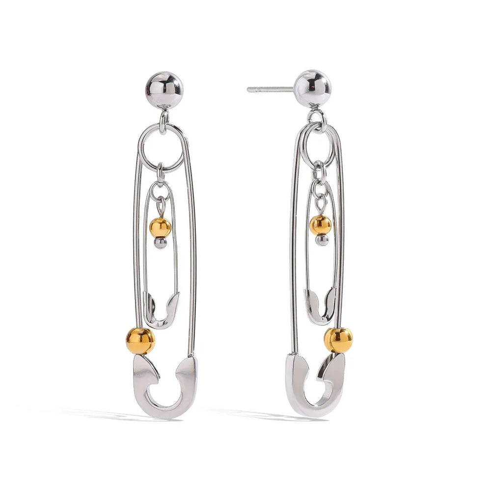 Unique fashion earrings with pin shape and gold beads