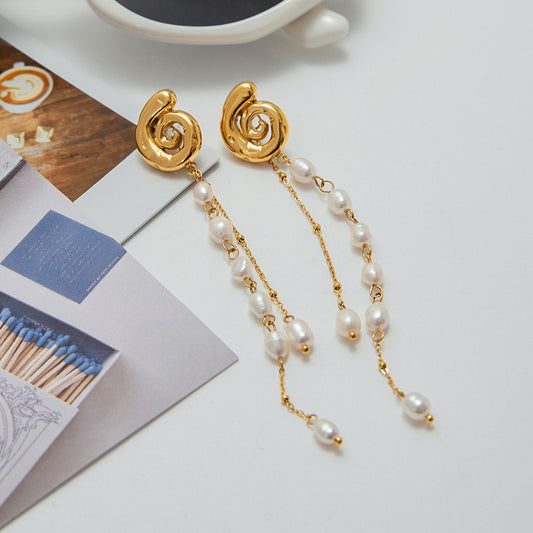 18K Gold Conch Pearl Tassel Earrings - Argesteel