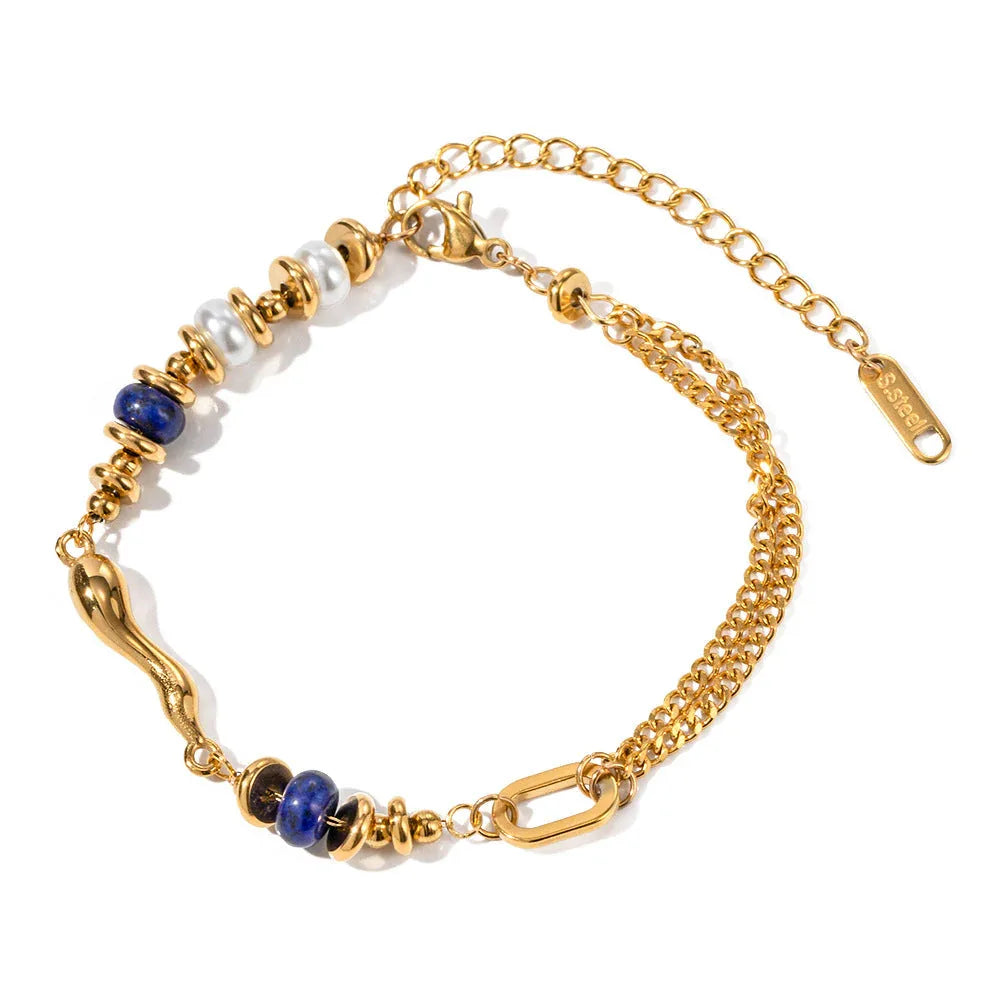 Ocean Bloom – 18K Gold Pearl and Lapis Lazuli Water Drop Design Bracelet