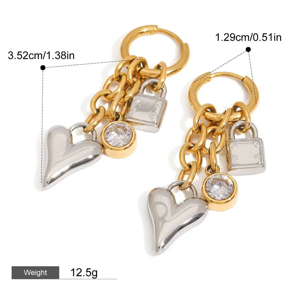 Mixed-metal layered chain earrings with zircon stone