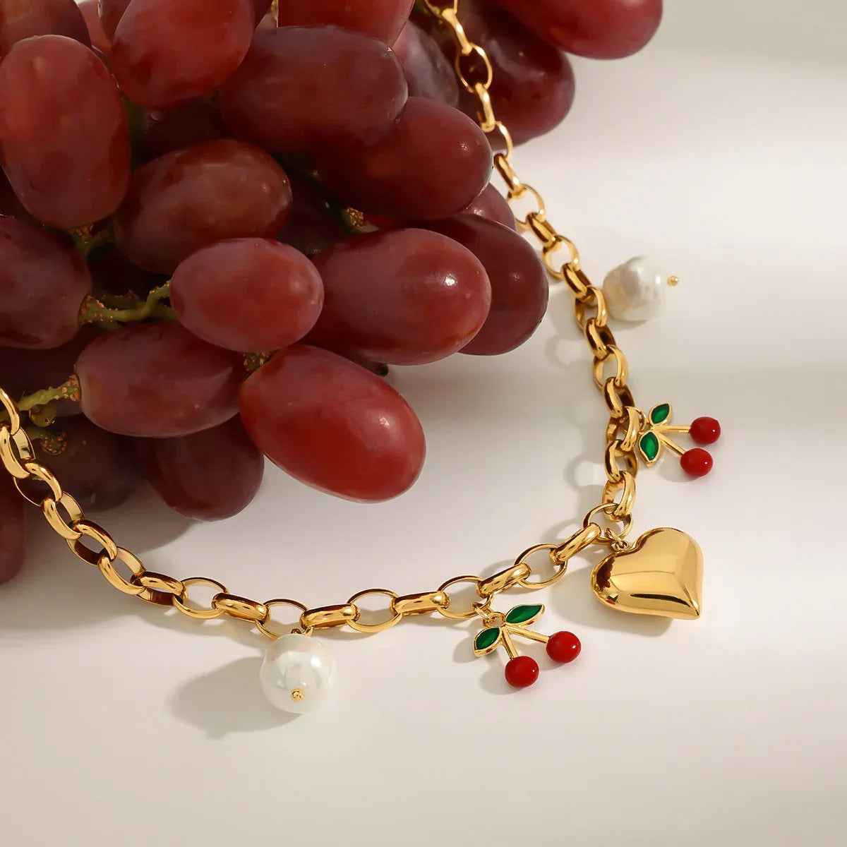 Heart Cherry Pearl Necklace - Elegant 18K Gold Romantic Jewelry