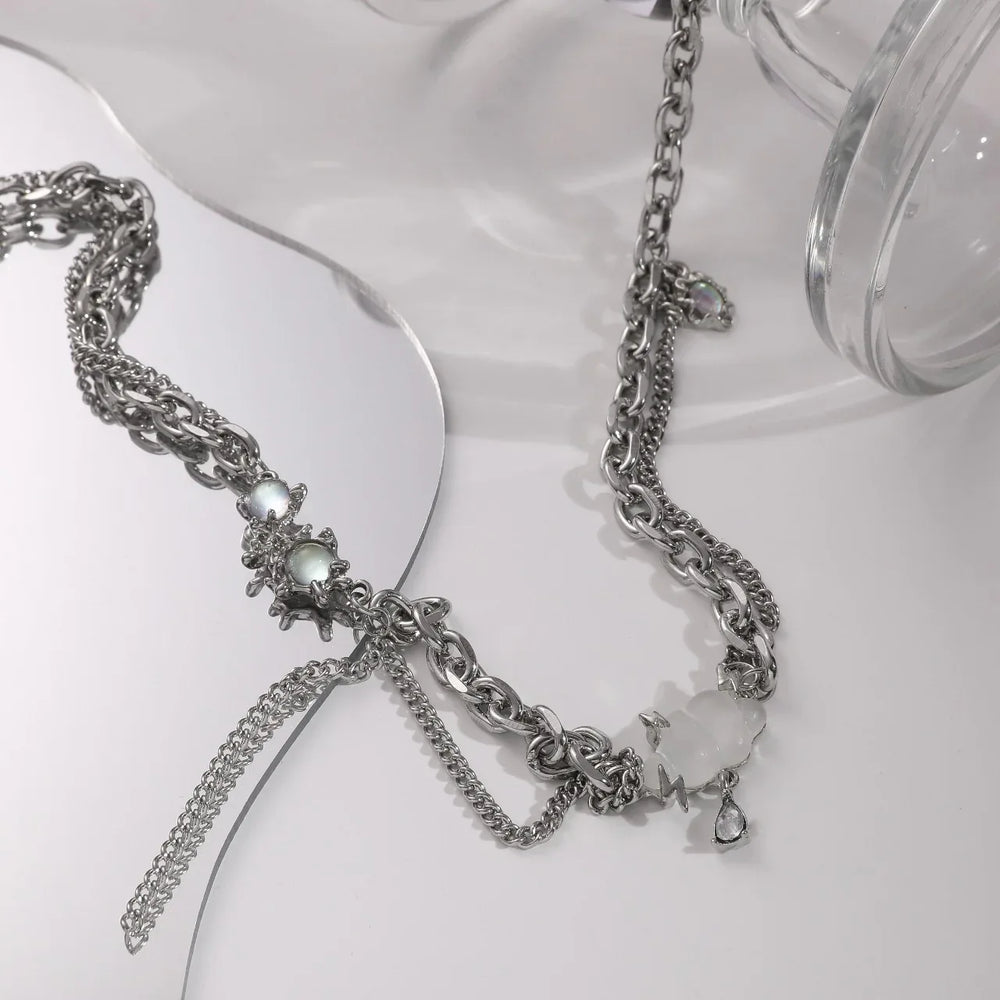 Celestia Cloud Pendant Necklace – Titanium Steel with Moonstone Tassel - Argesteel