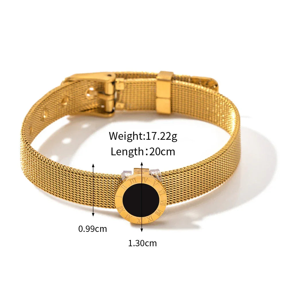 Timeless Noir – 18K Gold Roman Watch Band Bracelet with Black Gemstone