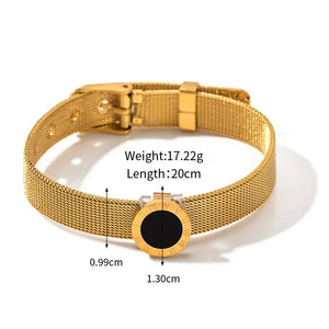 Timeless Noir – 18K Gold Roman Watch Band Bracelet with Black Gemstone