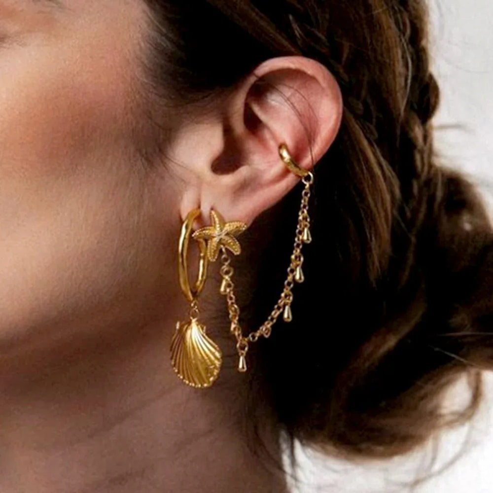 Close-up of textured gold starfish earrings on white linen