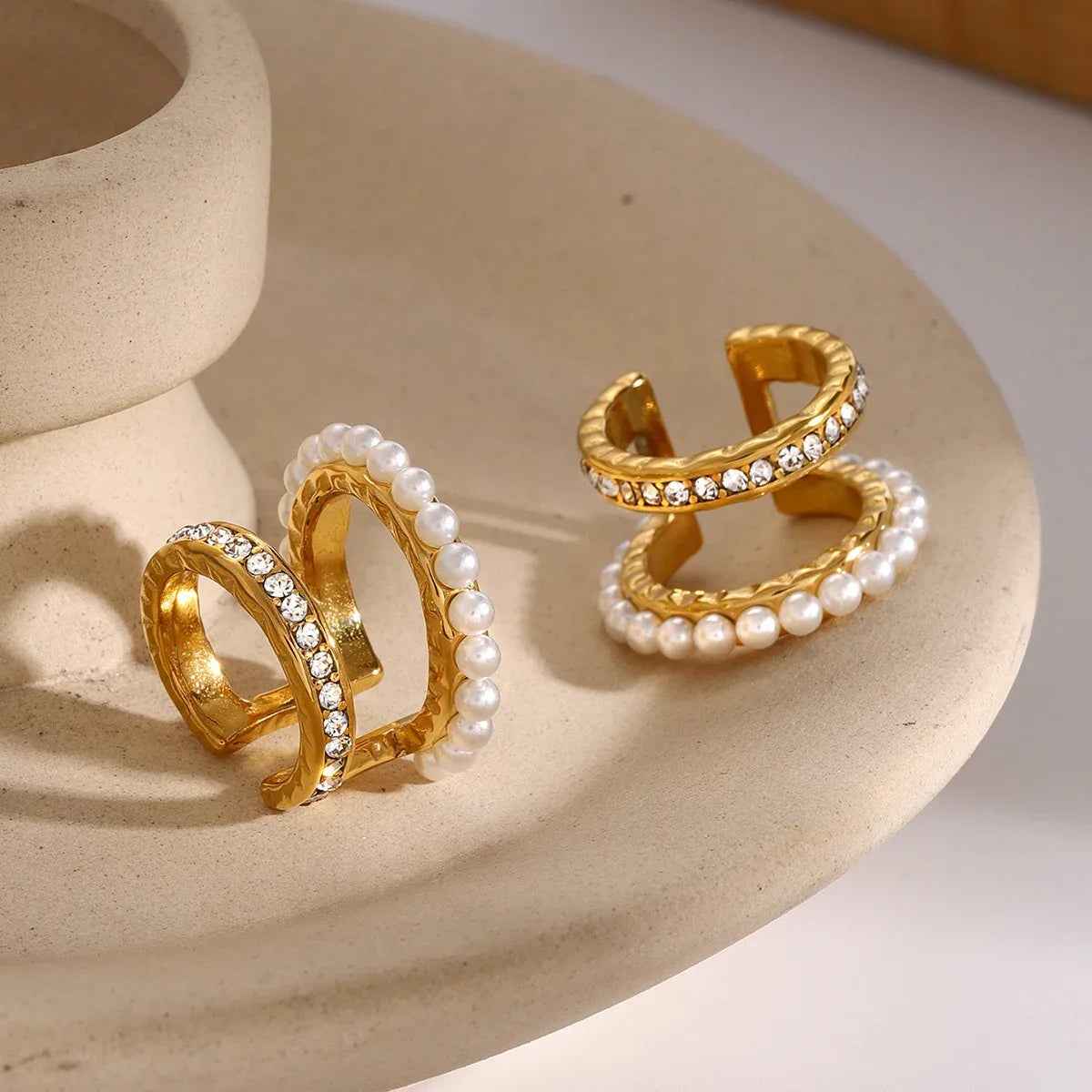 Éclat Double-Layer 18K Gold Pearl Diamond Earrings for Elegant Style