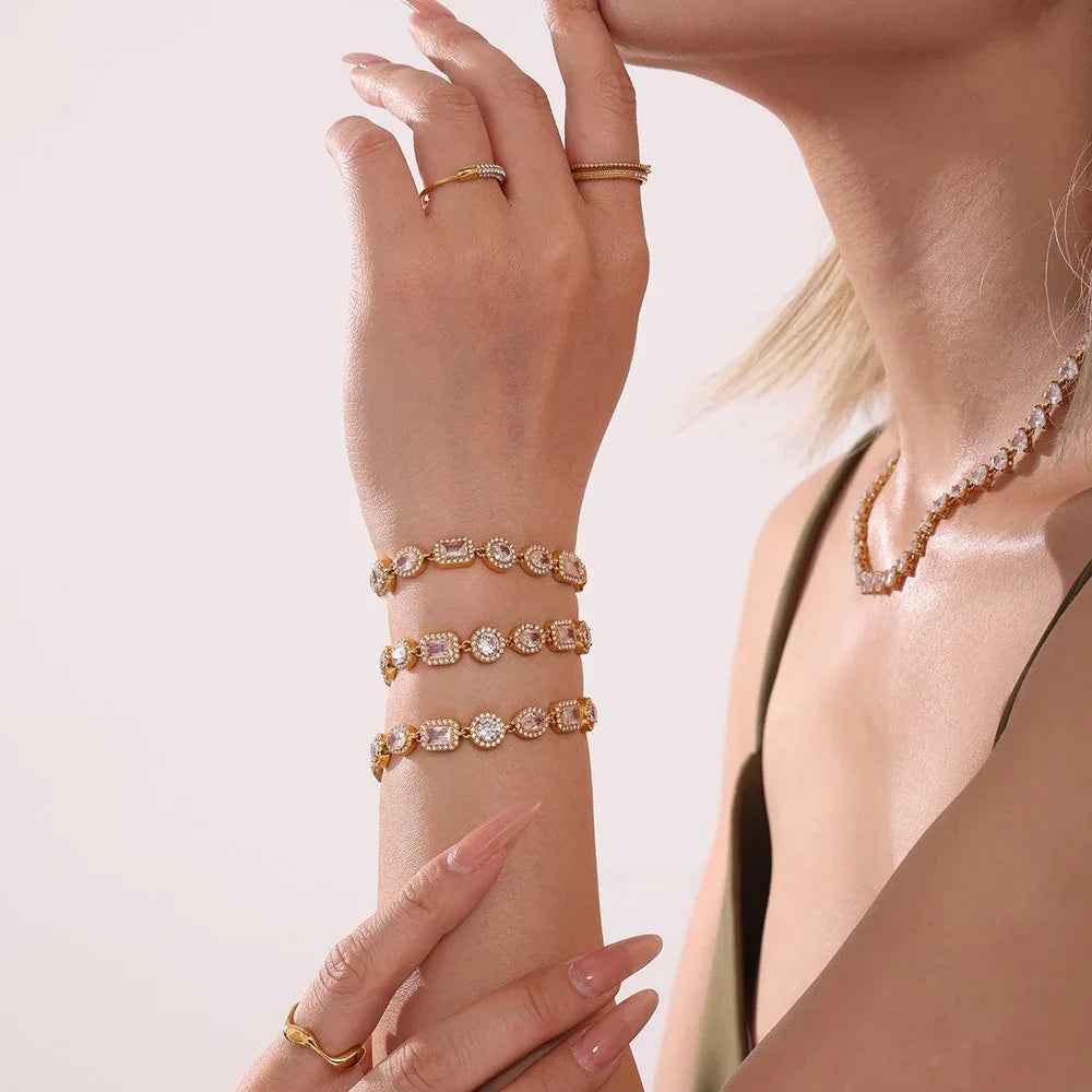 Geometric Gemstone Bracelet - Elegant 18K Gold with Zircon Diamond Design