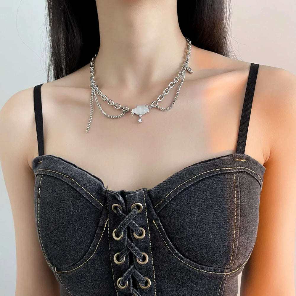 Celestia Cloud Pendant Necklace – Titanium Steel with Moonstone Tassel - Argesteel