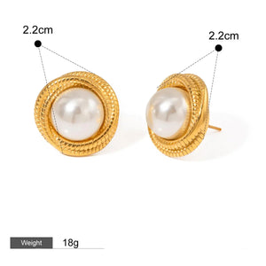 Modern Muse – 18K Gold Geometric Earrings with Inlaid Pearl