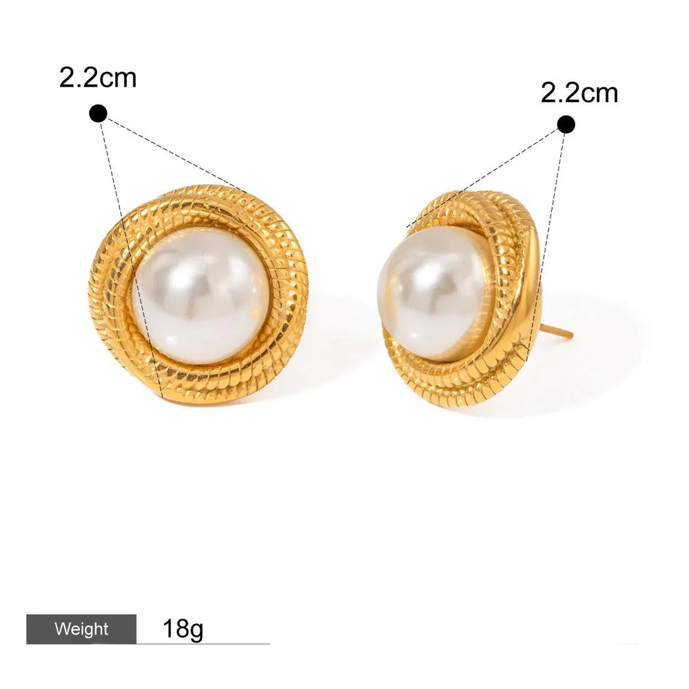 Modern Muse – 18K Gold Geometric Earrings with Inlaid Pearl
