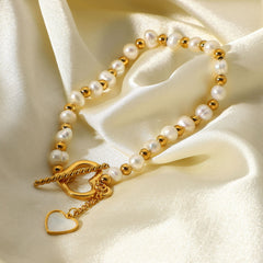 Lustre Link Bracelet – 18K Gold with Pearl Heart and OT Toggle Clasp