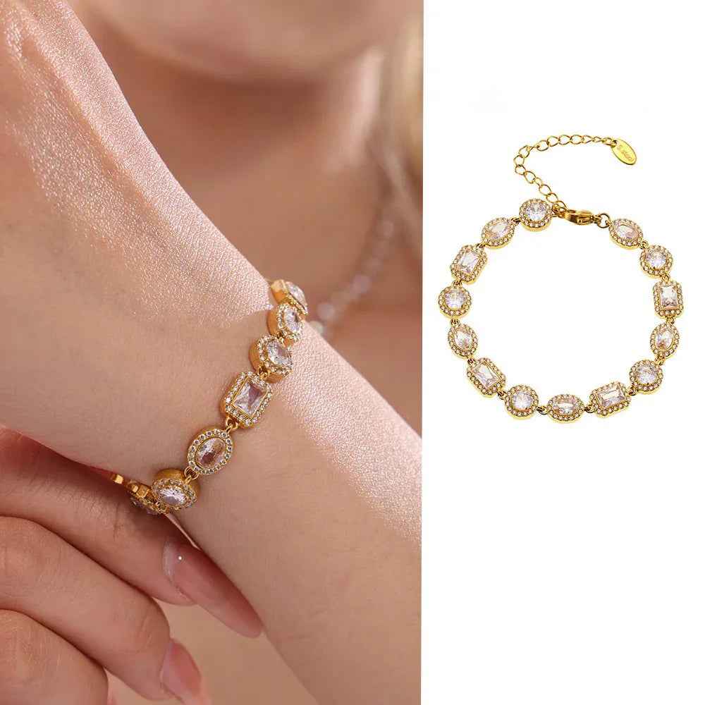 Geometric Gemstone Bracelet - Elegant 18K Gold with Zircon Diamond Design